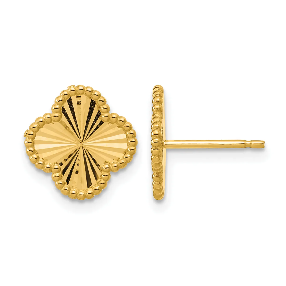 Pair of gold four-leaf clover stud earrings shown from front and side view, featuring radiating line texture and beaded edges.
