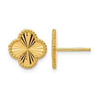 Pair of gold four-leaf clover stud earrings shown from front and side view, featuring radiating line texture and beaded edges.