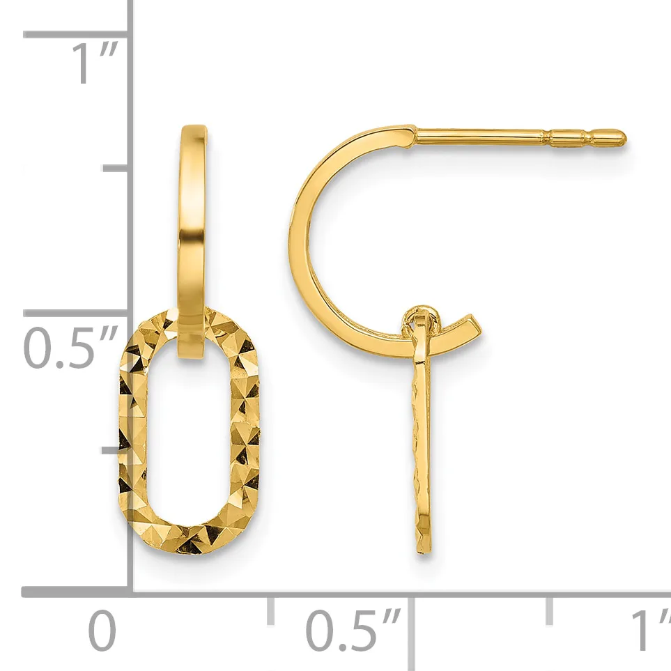 Two gold hoop earrings with textured diamond-cut surface displayed next to a ruler showing dimensions of approximately one inch in length.