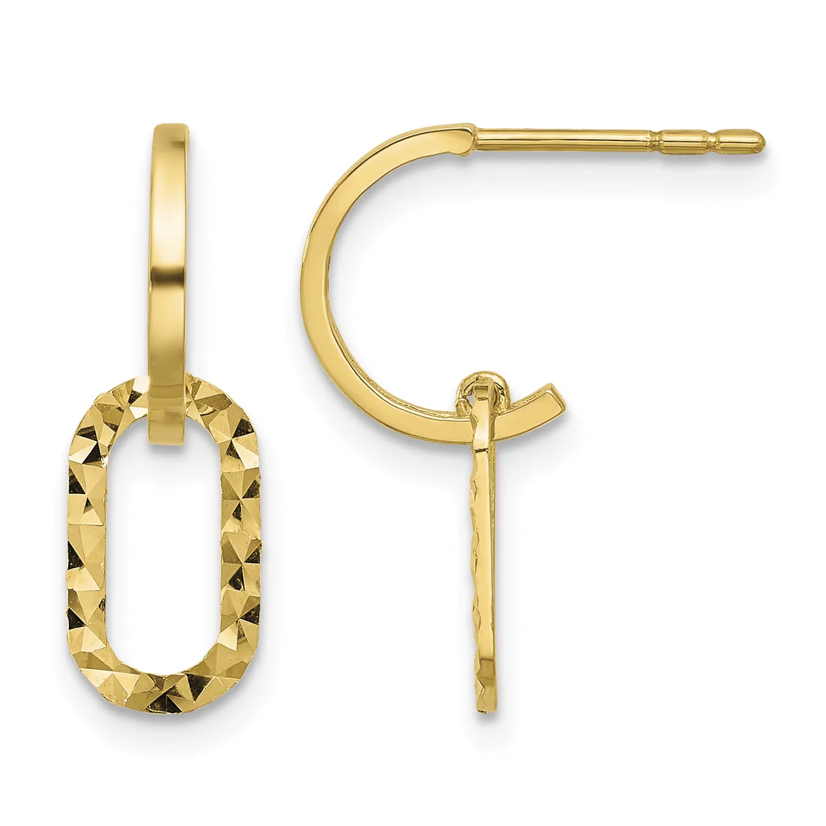 Pair of gold hoop earrings with diamond-cut textured finish on the dangle and polished post, shown from front and side views.