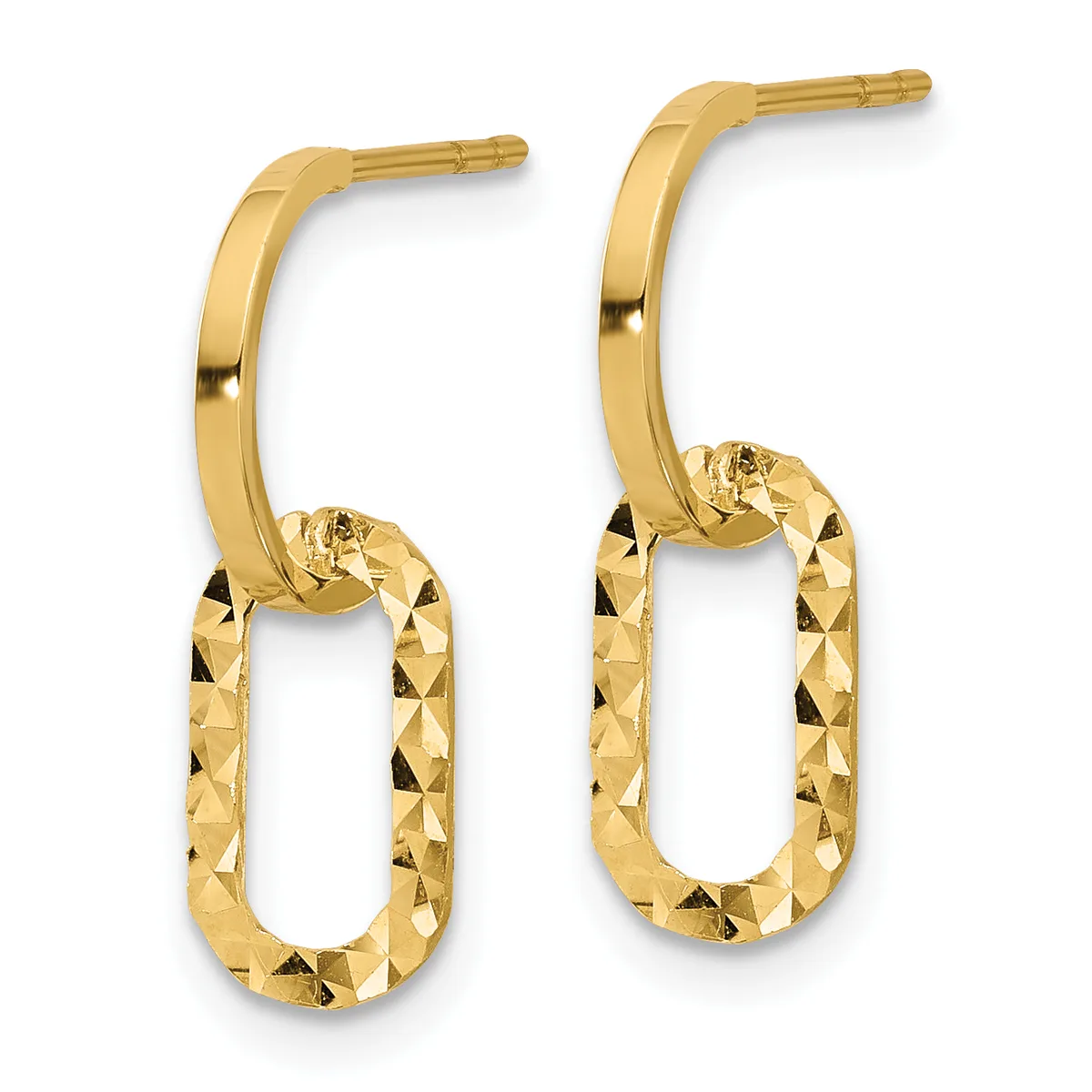 Pair of gold hoop earrings with polished curved posts and textured oval-shaped drops, shown against a white background.