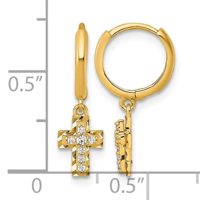 Gold hoop earrings with dangling diamond-accented cross charms, shown next to a measurement ruler indicating approximately half-inch dimensions.