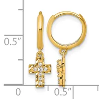 Gold hoop earrings with dangling diamond-accented cross charms, shown next to a measurement ruler indicating approximately half-inch dimensions.