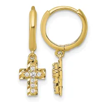 A pair of gold hoop earrings with dangling cross charms set with white cubic zirconia stones, shown from front and side views.