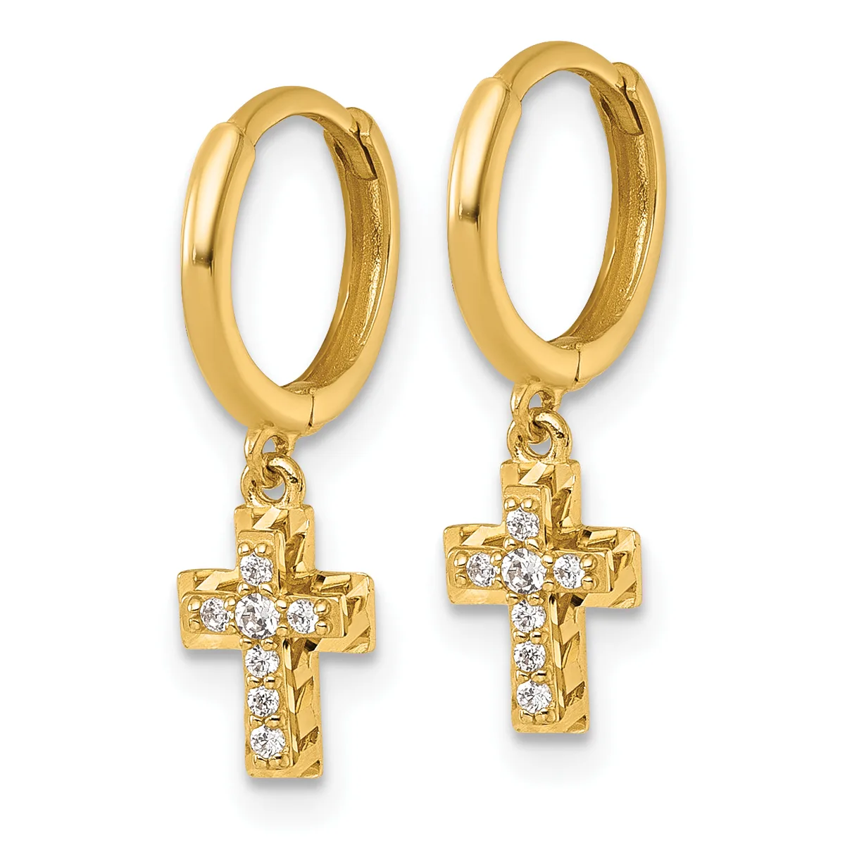 A pair of gold hoop earrings with dangling cross charms set with small round diamonds, shown from the front against a white background.