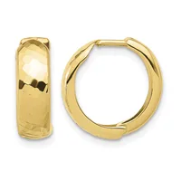 Pair of gold huggie hoop earrings with a textured hammered finish and hinged closure, shown from front and side views.
