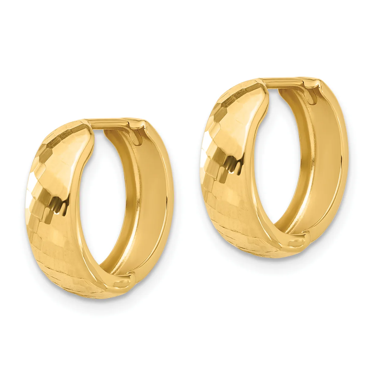 A pair of polished gold hoop earrings with a faceted textured surface on the outer curved edge, displayed side by side against a white background.