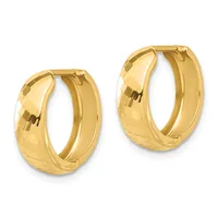 A pair of polished gold hoop earrings with a faceted textured surface on the outer curved edge, displayed side by side against a white background.