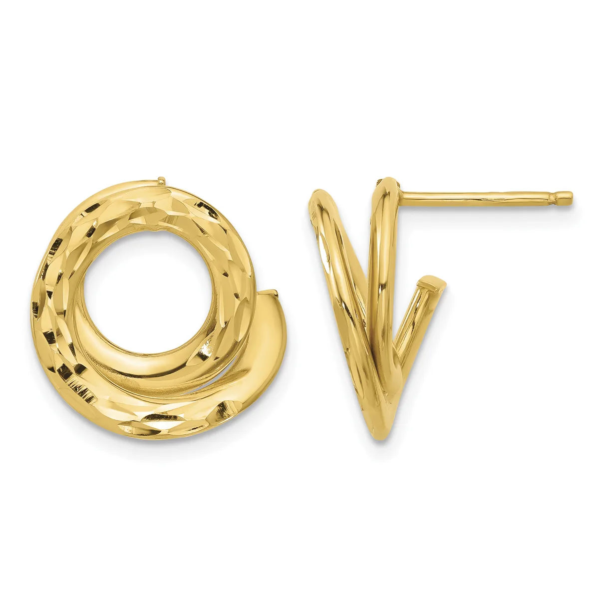 A pair of gold hoop earrings with a textured hammered finish on post and clutch backs, displayed against a white background.