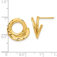 Gold twisted hoop earrings with diamond-cut texture displayed next to a ruler showing approximately one inch in length.