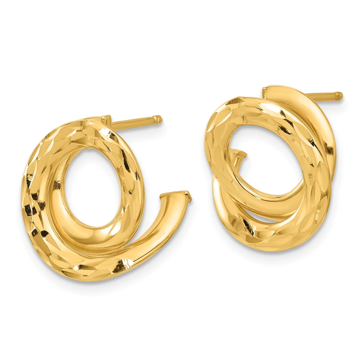 Pair of gold twisted oval hoop earrings with textured surface and post backs, shown from the front against a white background.