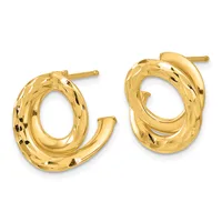 Pair of gold twisted oval hoop earrings with textured surface and post backs, shown from the front against a white background.