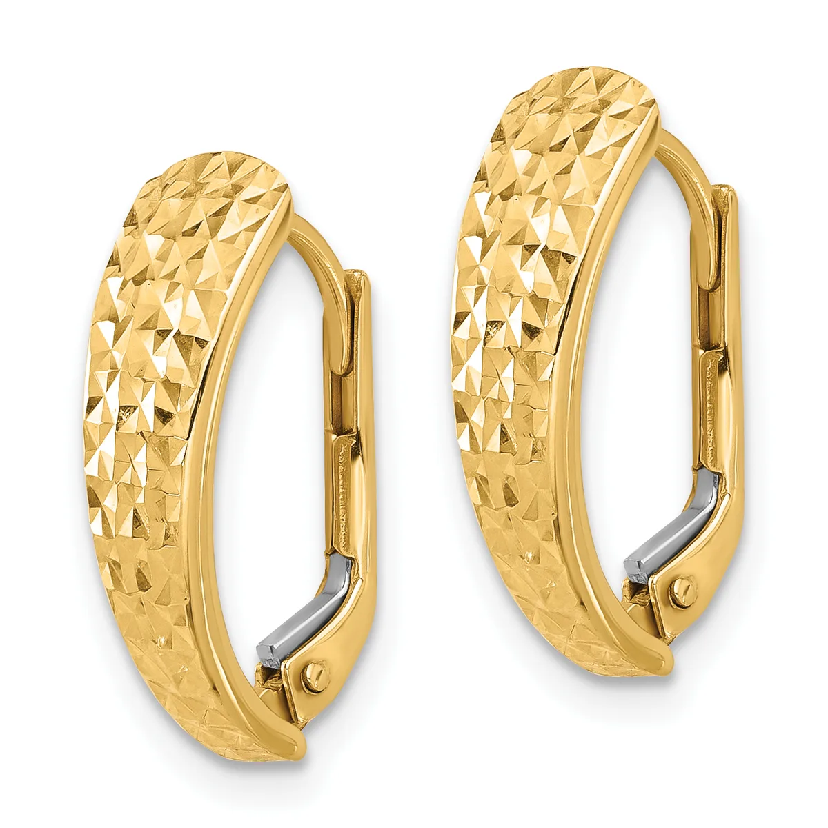 A pair of gold hoop earrings with a textured diamond-cut pattern surface and hinged leverback closures.