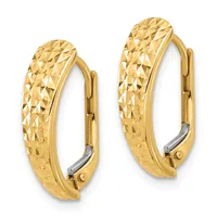 A pair of gold hoop earrings with a textured diamond-cut pattern surface and hinged leverback closures.