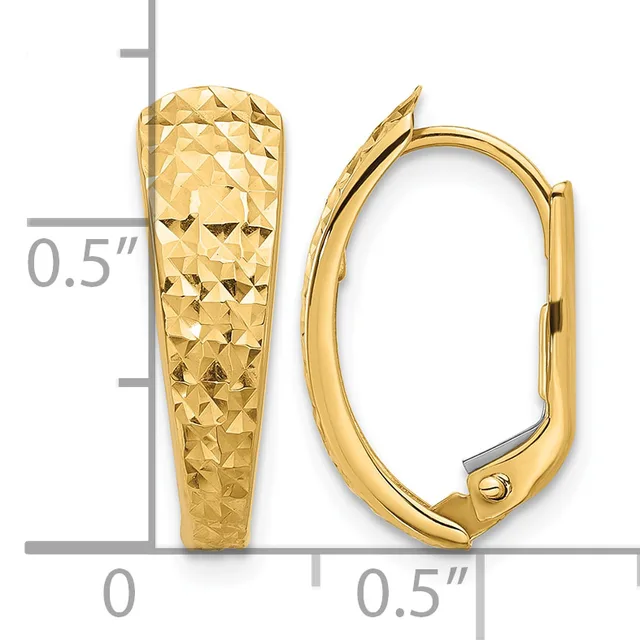 Two gold hoop earrings with textured diamond-cut surfaces, displayed against a measurement scale showing approximately 0.5 inches in height.