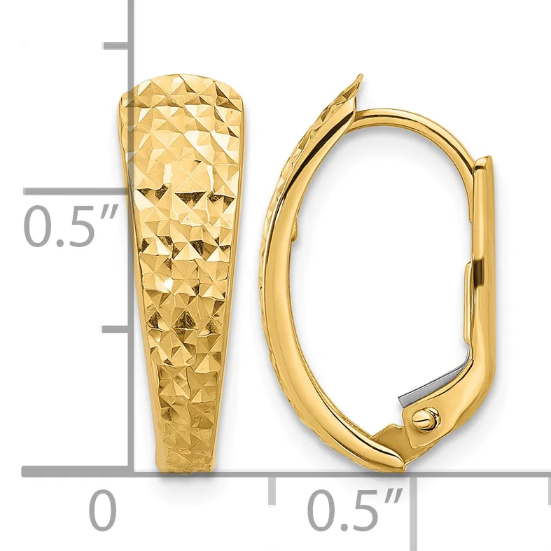 Two gold hoop earrings with textured diamond-cut surfaces, displayed against a measurement scale showing approximately 0.5 inches in height.
