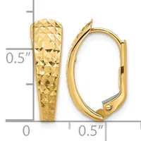 Two gold hoop earrings with textured diamond-cut surfaces, displayed against a measurement scale showing approximately 0.5 inches in height.