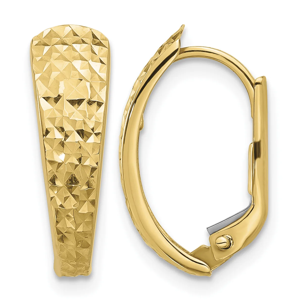 A pair of gold hoop earrings with a textured diamond-cut surface finish, shown from front and side views.