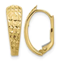 A pair of gold hoop earrings with a textured diamond-cut surface finish, shown from front and side views.