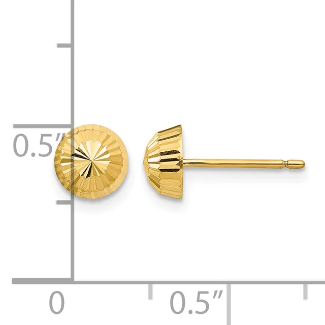 A pair of gold-colored round stud earrings with a textured radial pattern, shown from front and side views with a measurement scale indicating approximately 0.5 inches in diameter.