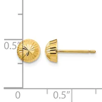 A pair of gold-colored round stud earrings with a textured radial pattern, shown from front and side views with a measurement scale indicating approximately 0.5 inches in diameter.