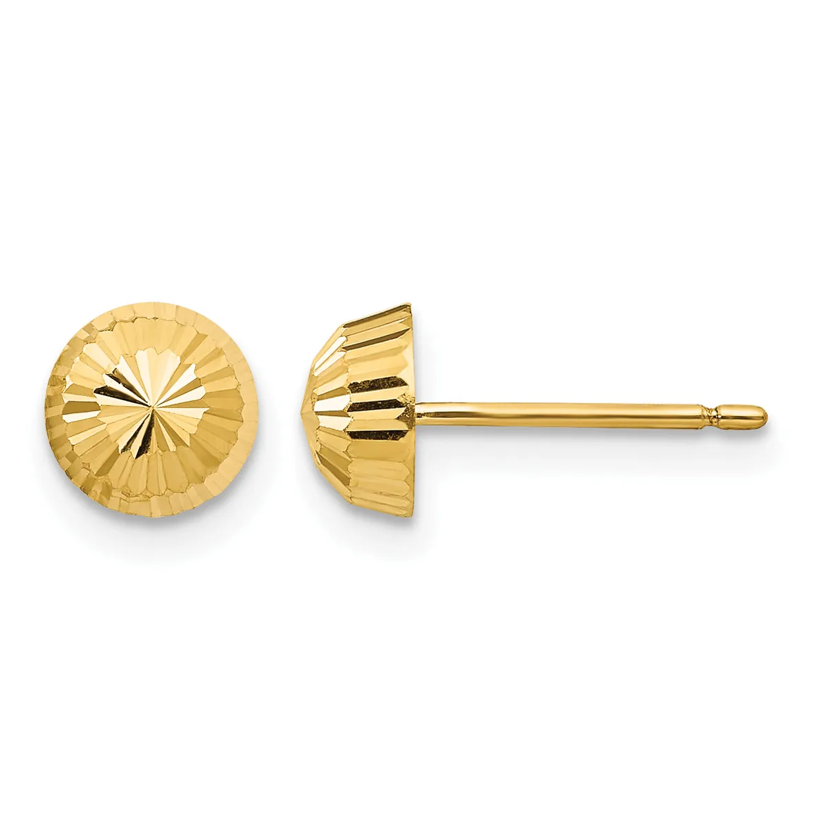 A pair of gold stud earrings with a textured, radiating dome design shown from front and side views.