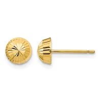 A pair of gold stud earrings with a textured, radiating dome design shown from front and side views.