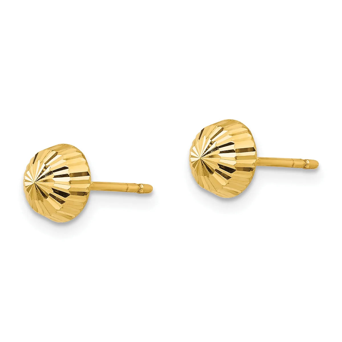 Pair of gold stud earrings with dome-shaped heads featuring a radiating sunburst pattern and thin posts.