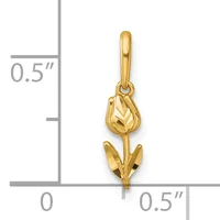 Gold tulip flower pendant with a polished finish and textured petals, shown next to a measurement scale indicating approximately 0.5 inches in height.