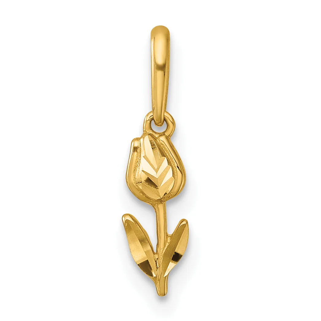 Gold tulip pendant with textured petals and leaves, suspended from a curved bail.