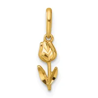 Gold tulip pendant with textured petals and leaves, suspended from a curved bail.