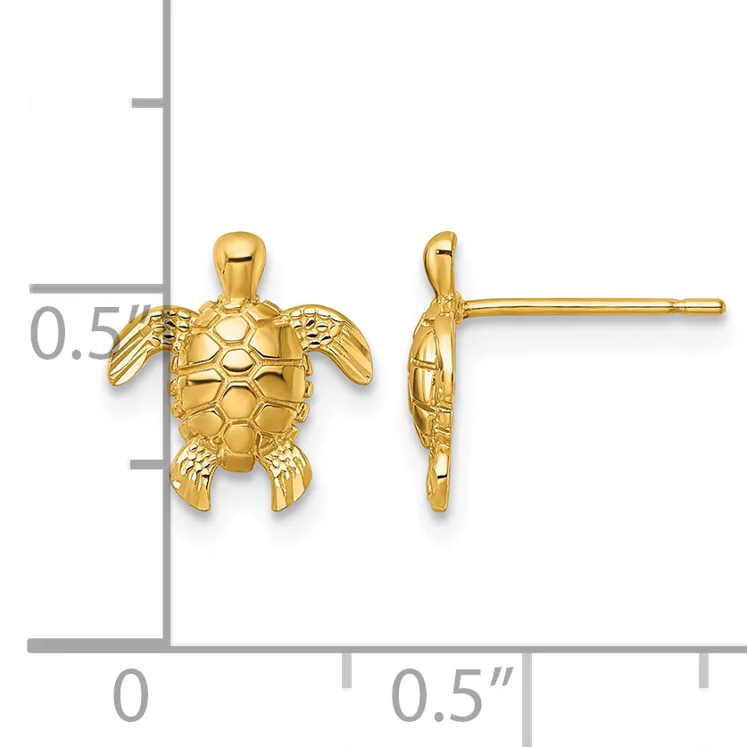 Gold turtle stud earrings shown from front and side view next to a ruler indicating approximately 0.5 inches in length.