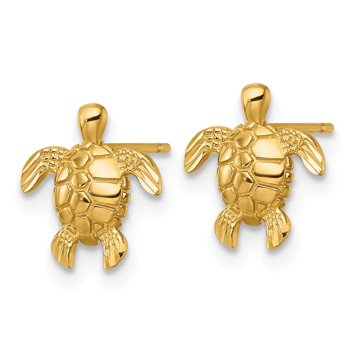 Two gold sea turtle stud earrings with detailed shell and flipper texturing, shown from above against a white background.