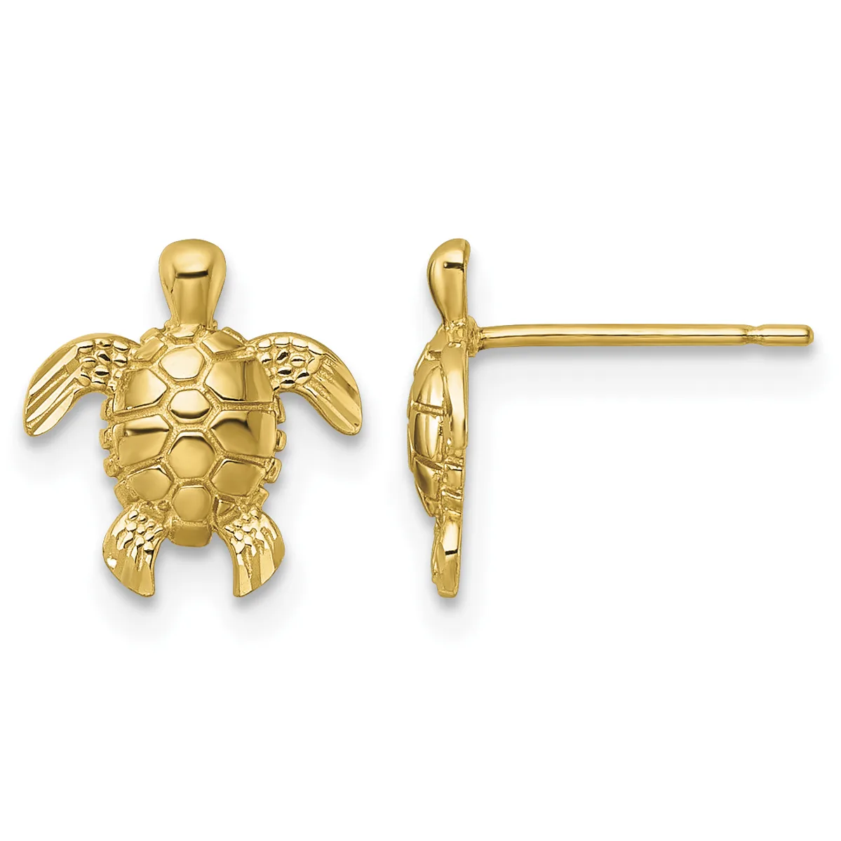 Gold sea turtle stud earrings shown from front and side views, featuring detailed shell and flipper texturing with posts and backs.