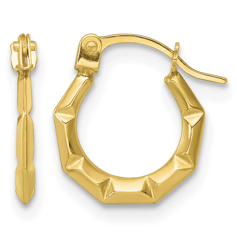 Pair of gold hoop earrings with faceted surfaces and hinged posts, shown front and side view.
