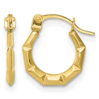 Pair of gold hoop earrings with faceted surfaces and hinged posts, shown front and side view.
