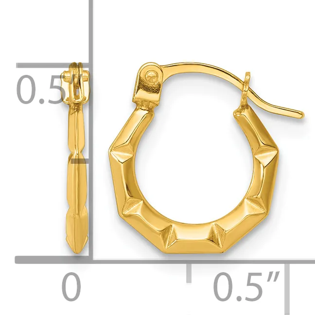 Pair of gold textured hoop earrings with hinged posts, displayed against a measurement scale showing approximately 0.5 inches in diameter.