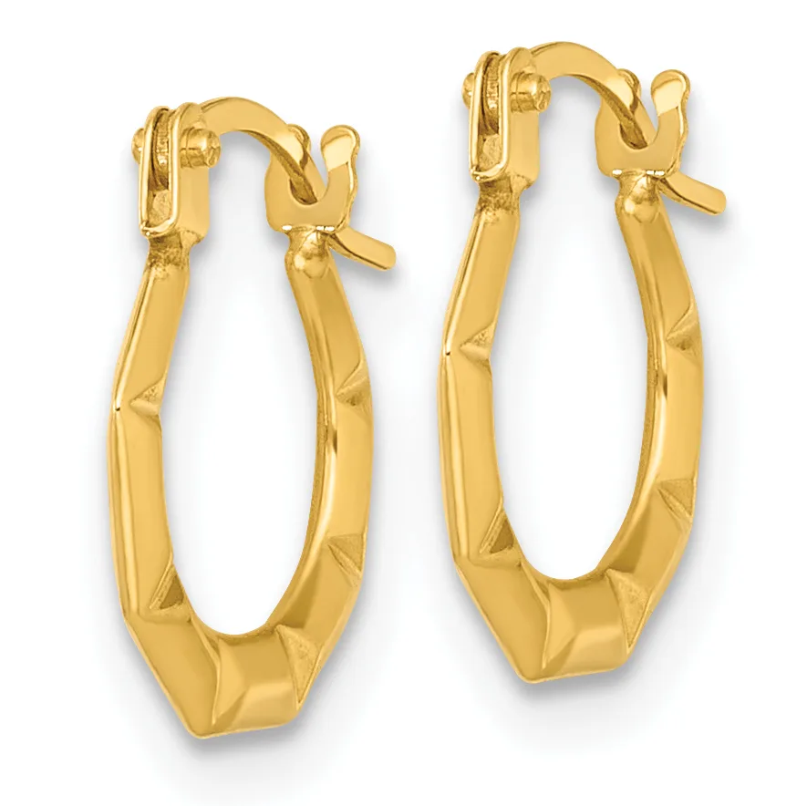 Pair of gold hoop earrings with a textured hammered finish and hinged clasp closures.