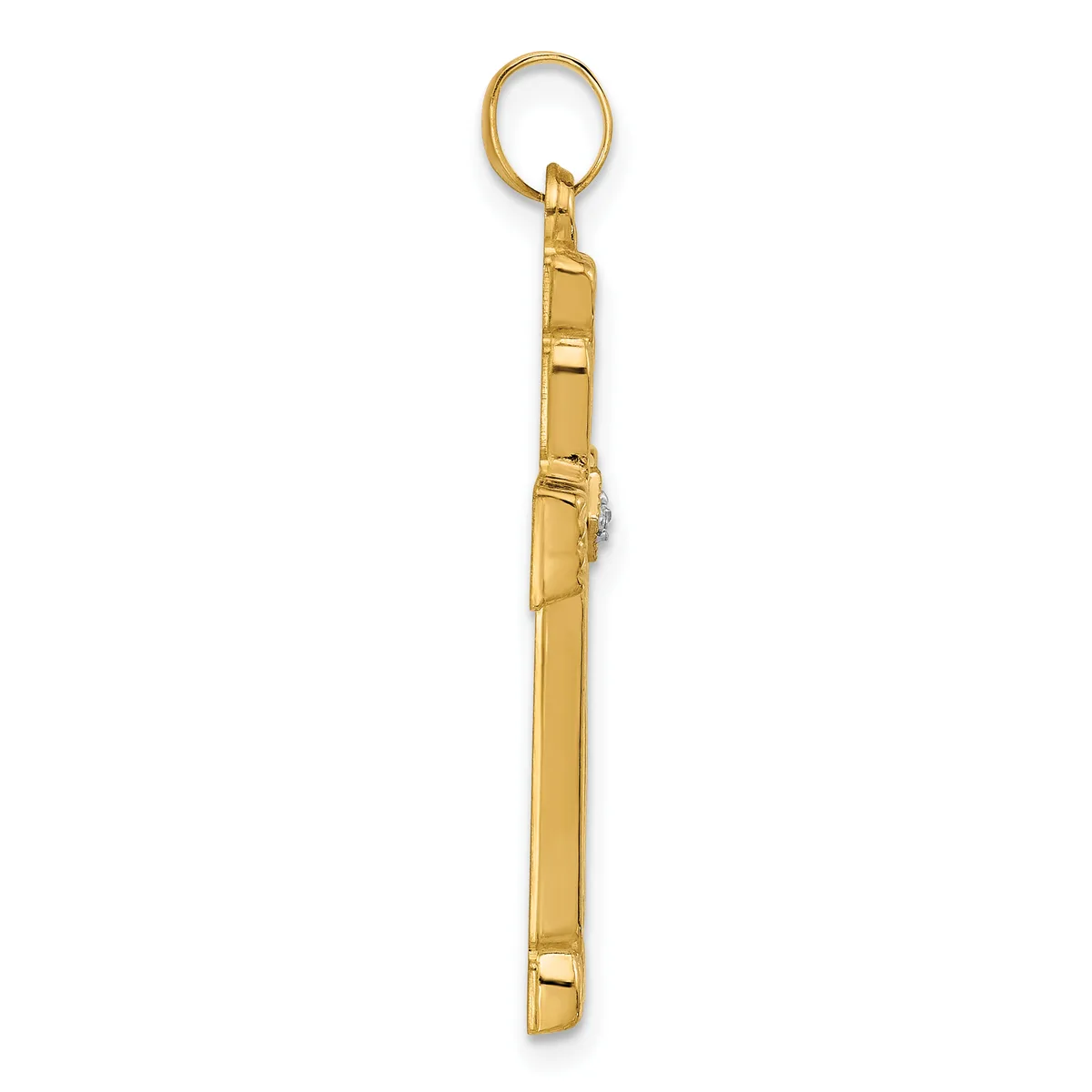 Gold-toned rectangular pendant with a looped top attachment, shown hanging vertically against a white background.