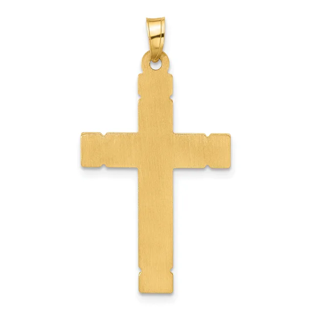 A gold cross pendant with a brushed finish and rounded edges, shown against a white background with an attached bail loop at the top.