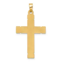 A gold cross pendant with a brushed finish and rounded edges, shown against a white background with an attached bail loop at the top.