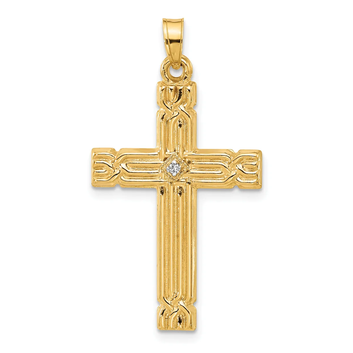 Gold cross pendant with vertical ribbed design, decorative curved elements on the horizontal bar, and a small diamond or crystal stone at the center intersection.
