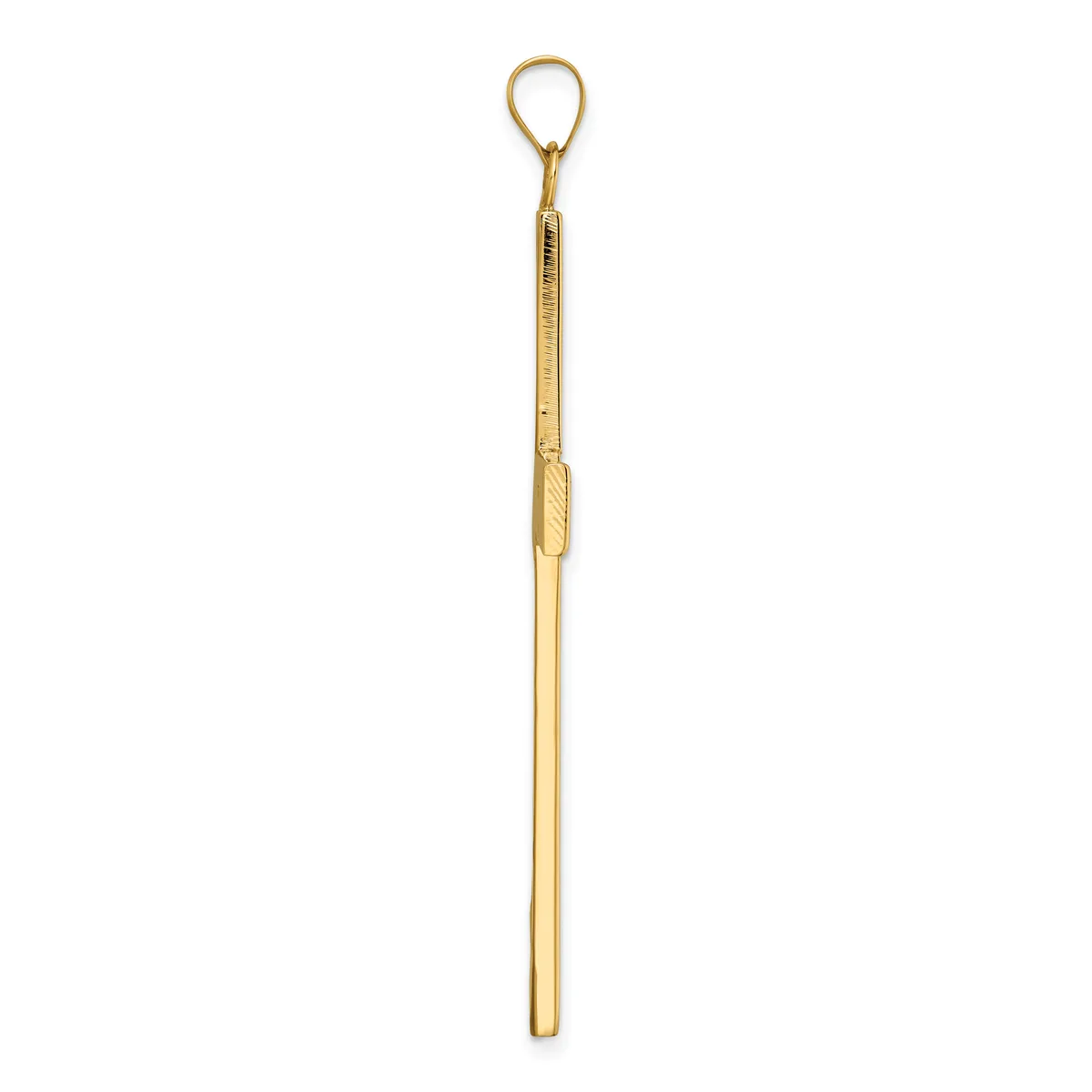 A long, slender brass ear pick with a loop handle at the top and a flat, slightly curved scoop at the bottom end.