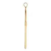 A long, slender brass ear pick with a loop handle at the top and a flat, slightly curved scoop at the bottom end.