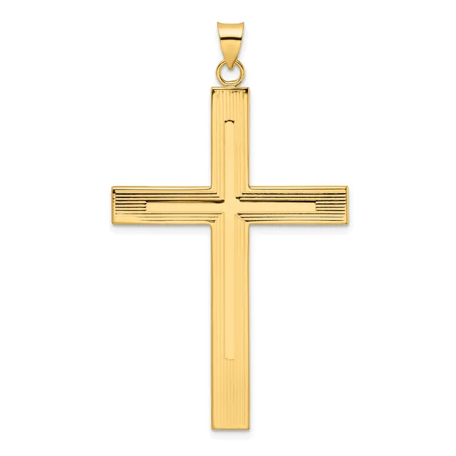 A polished gold cross pendant with a rectangular vertical shaft and horizontal crossbar, featuring linear texture details on the arms and a small bail loop at the top.