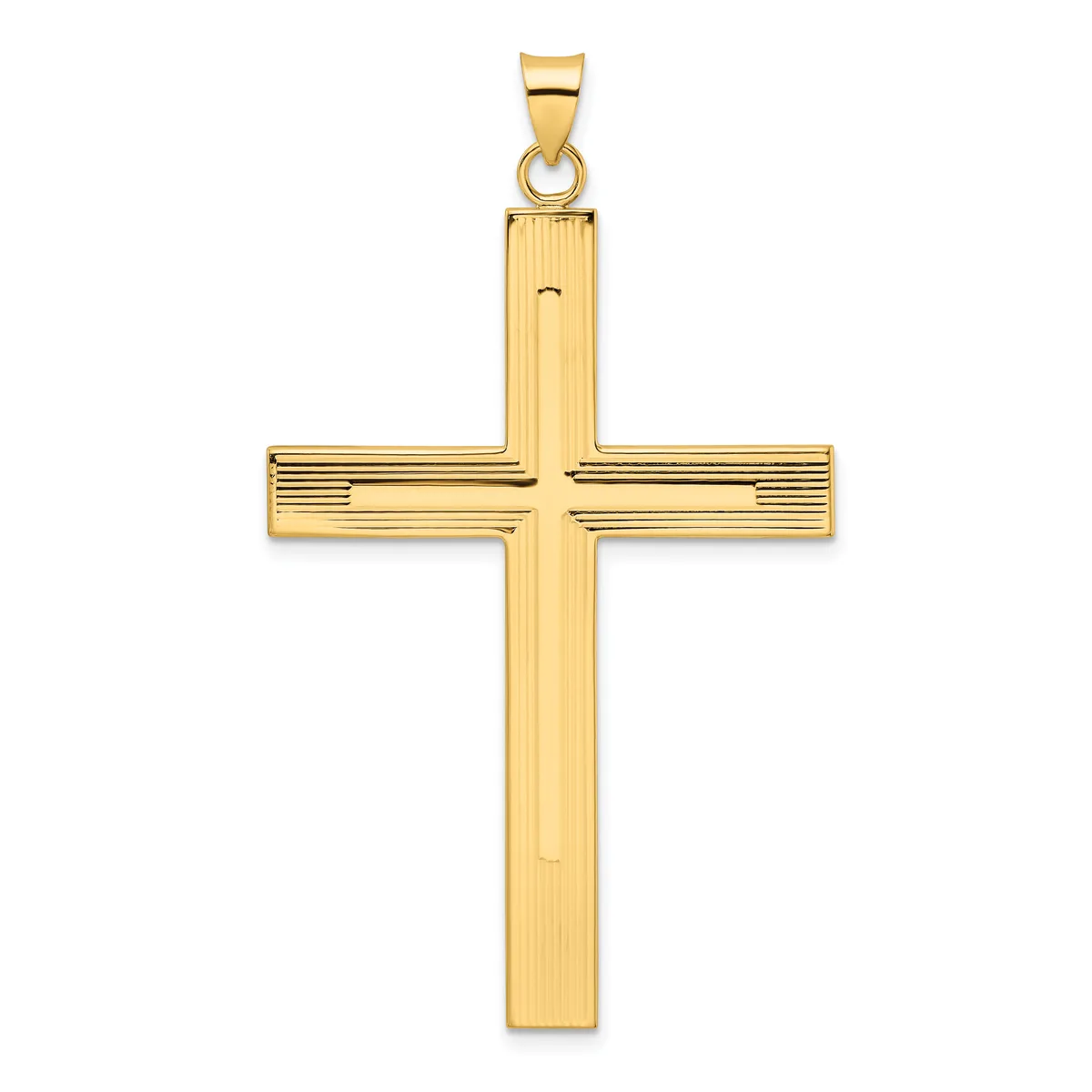 A polished gold cross pendant with a rectangular vertical shaft and horizontal crossbar, featuring linear texture details on the arms and a small bail loop at the top.