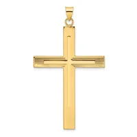 A polished gold cross pendant with a rectangular vertical shaft and horizontal crossbar, featuring linear texture details on the arms and a small bail loop at the top.