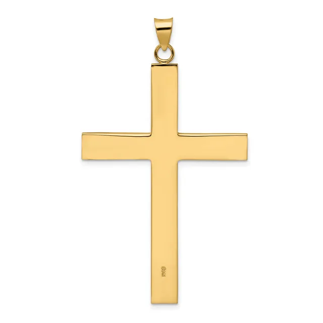 A polished gold cross pendant with a rectangular vertical shaft and wider horizontal crossbar, suspended from a small bail loop at the top.