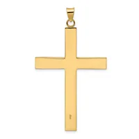 A polished gold cross pendant with a rectangular vertical shaft and wider horizontal crossbar, suspended from a small bail loop at the top.