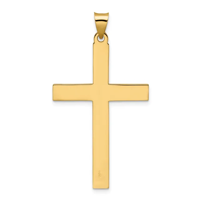 A polished gold cross pendant with a rounded bail at the top, displayed against a white background.